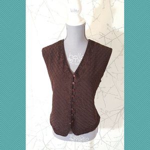 Fiorella Rubino VTG Brown Beaded 100% Silk Button Front Vest